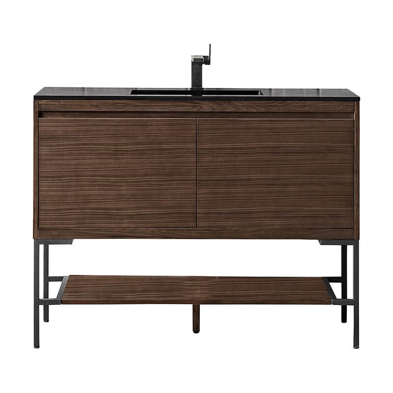 Mantova 47.3 Inch Single Vanity in Mid Century Walnut With Matte Black Base With Charcoal Black Composite Stone Top