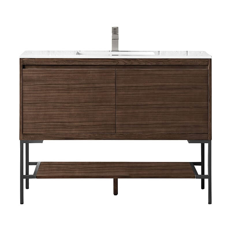 Mantova 47.3" Single Vanity in Mid Century Walnut With Matte Black Base With Glossy White Composite Stone Top