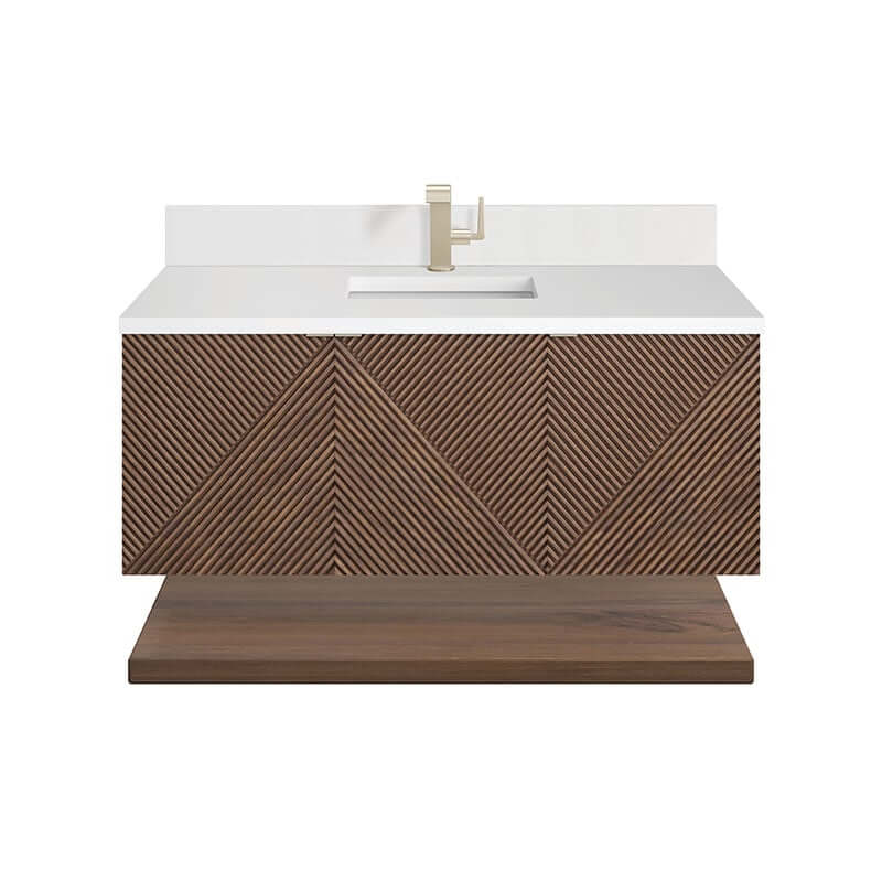 Marcello 48 Inch Single Vanity Chestnut Single Hole Faucet White Zeus Silestone Top & Backsplash