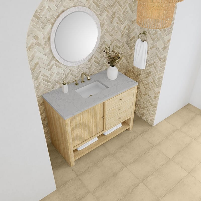 Marigot 48 Inch Single Vanity in Sunwashed Oak With Eternal Jasmine Pearl Silestone Top