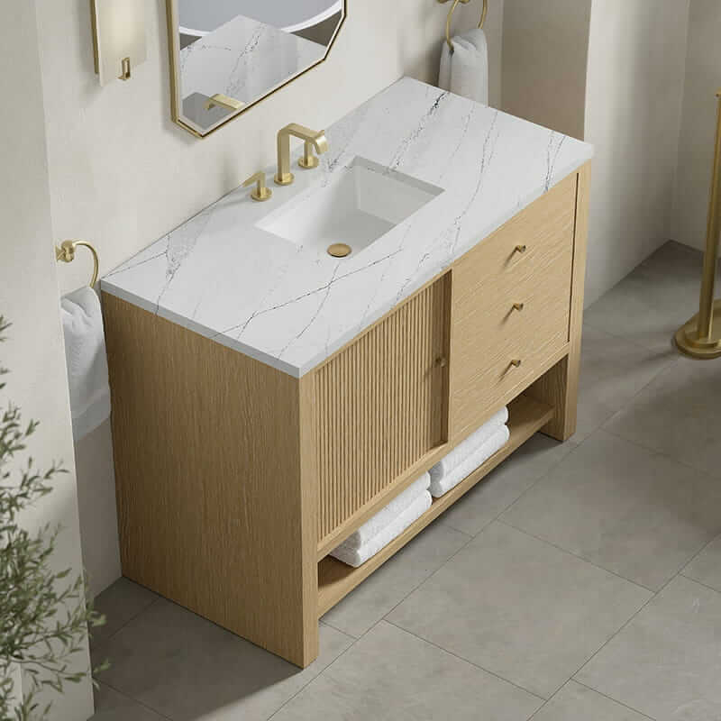 Marigot 48 Inch Single Vanity in Sunwashed Oak With Ethereal Noctis Silestone Top