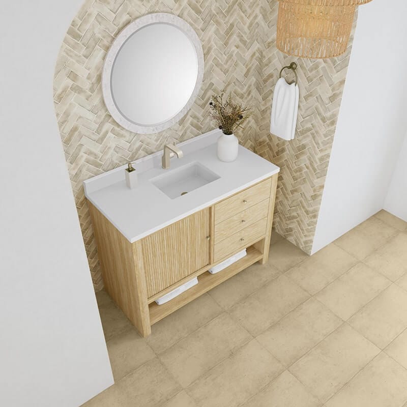Marigot 48 Inch Single Vanity in Sunwashed Oak With Single Hole Faucet White Zeus Silestone Top Backsplash