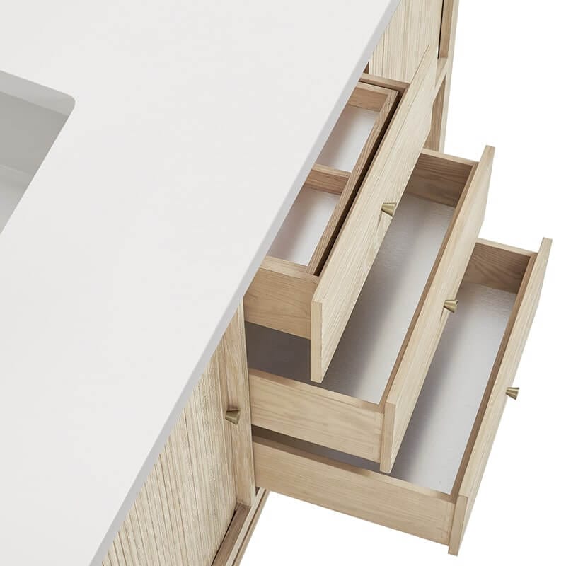 Marigot 72" Double Vanity in Sunwashed Oak Top View Open Drawers
