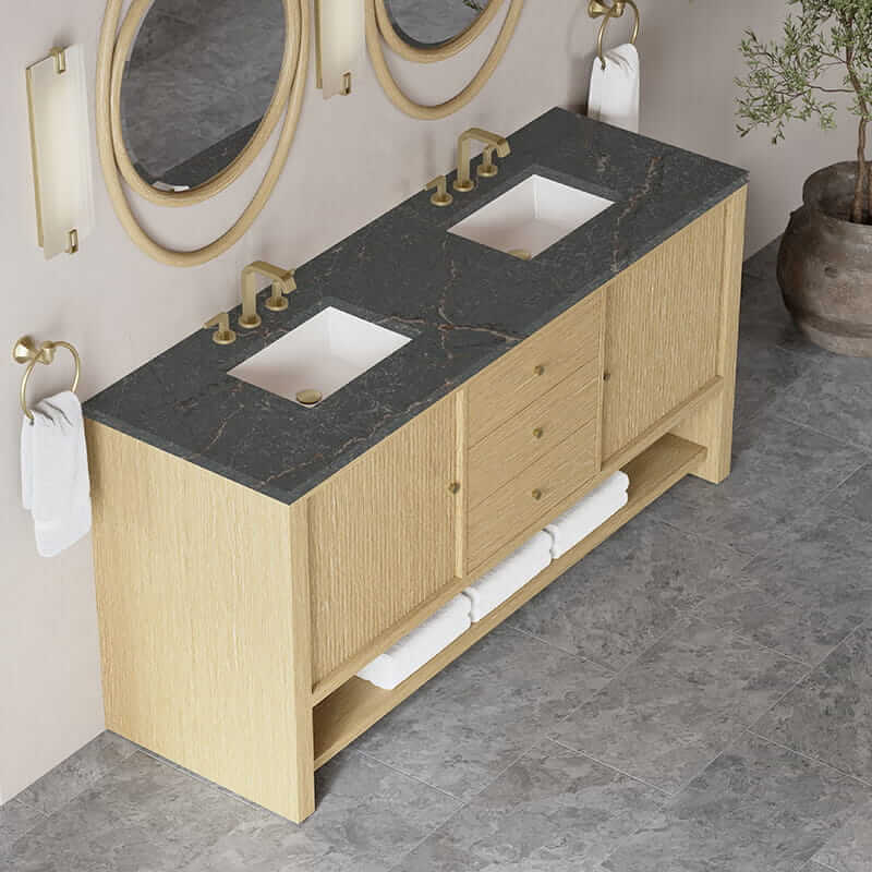 Marigot 72" Double Vanity in Sunwashed Oak With Parisien Bleu Silestone Top