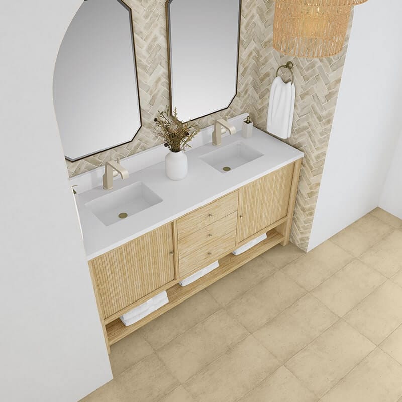 Marigot 72" Double Vanity in Sunwashed Oak With Single Hole Faucet White Zeus Silestone Top Backsplash