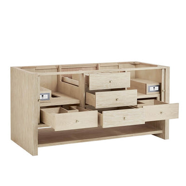 Marigot 72 Inch Double Vanity in Sunwashed Oak Corner View Open Drawers