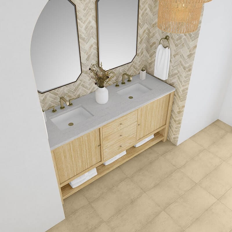 Marigot 72 Inch Double Vanity in Sunwashed Oak With Eternal Jasmine Pearl Silestone Top