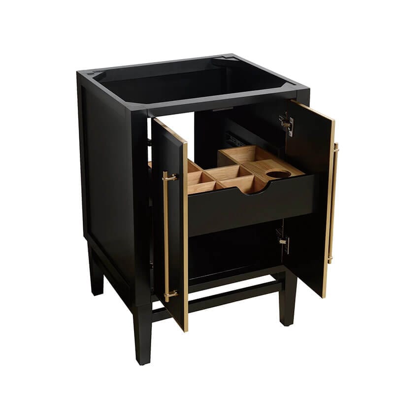 Mason 24 inch Single Sink Bathroom Vanity Black with Gold Trim Cabinet Only Open Drawer