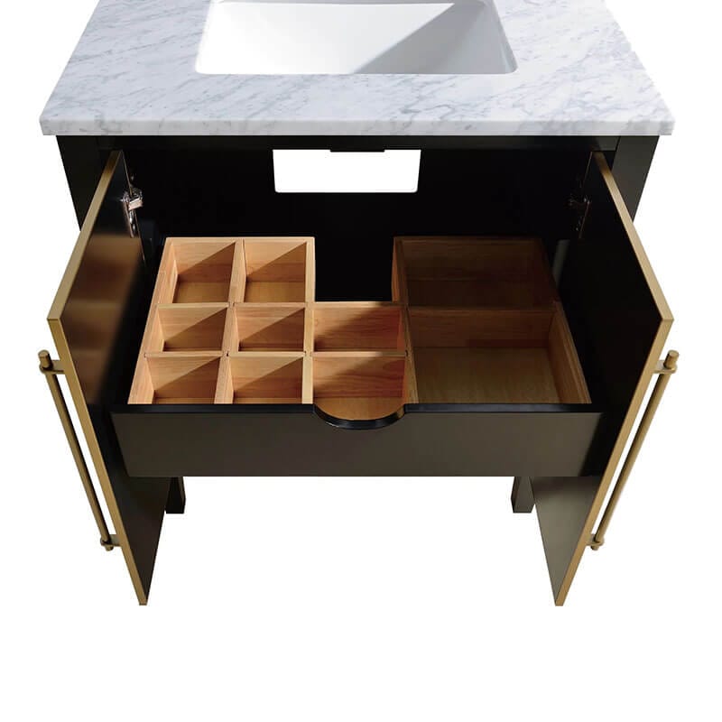 Mason 24 inch Single Sink Bathroom Vanity Black with Gold Trim in Carrara White Marble Pull-Out Drawer