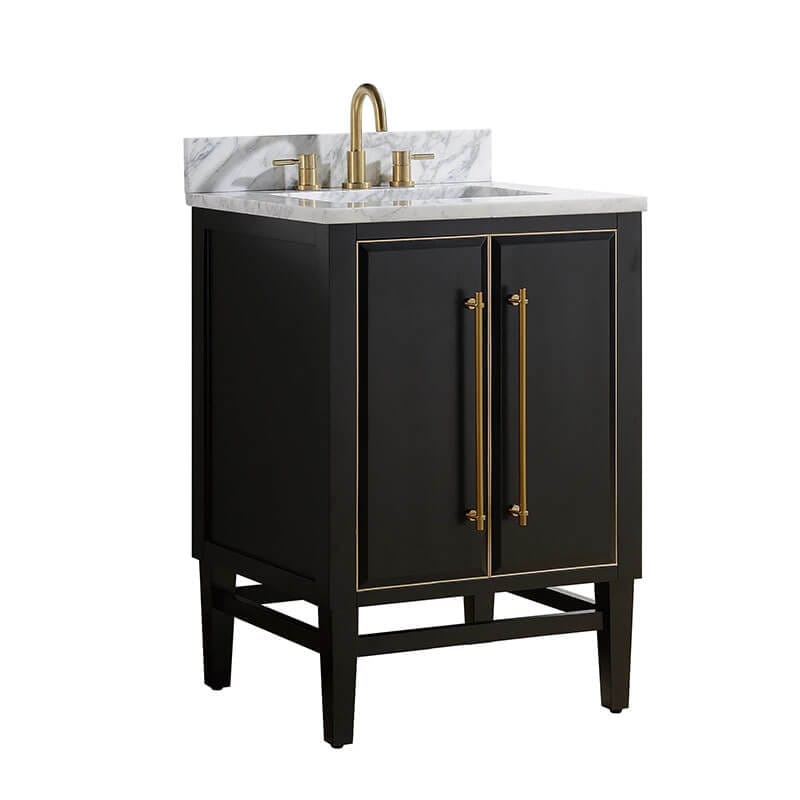 Mason 24 Single Sink Bathroom Vanity Black with Gold Trim in Carrara White Marble Corner View