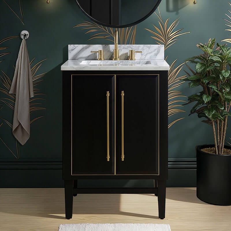 Mason 24 Single Sink Bathroom Vanity Black with Gold Trim in Carrara White Marble Front View