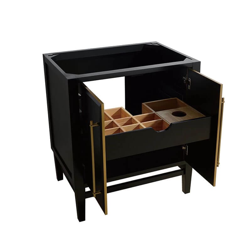 Mason 30 inch Single Sink Bathroom Vanity Black with Gold Trim Cabinet Only Open