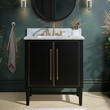 Mason 30 inch Single Sink Bathroom Vanity Black with Gold Trim in Carrara White Marble Front View