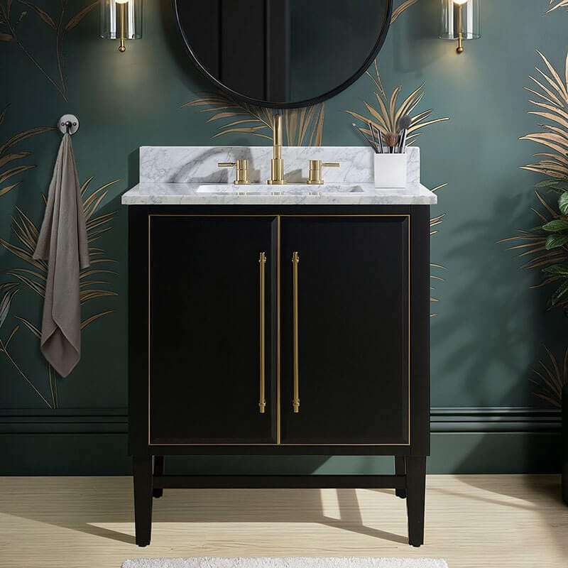 Mason 30 inch Single Sink Bathroom Vanity Black with Gold Trim in Carrara White Marble Front View