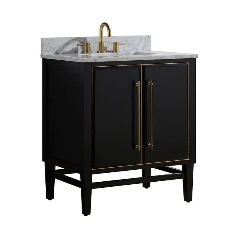 Mason 30 Single Sink Bathroom Vanity Black with Gold Trim in Carrara White Marble Corner View