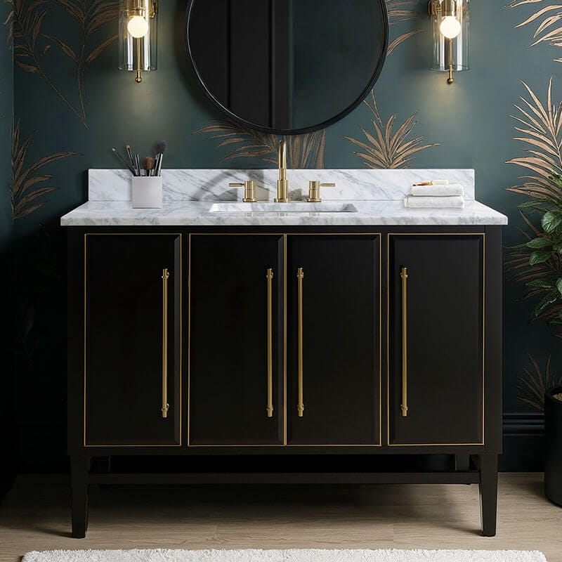 Mason 48 inch Single Sink Bathroom Vanity Black with Gold Trim in Carrara White Marble Front View