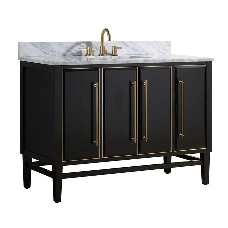 Mason 48 Single Sink Bathroom Vanity Black with Gold Trim in Carrara White Marble Corner View