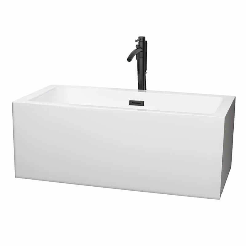 Melody 60" Freestanding Acrylic White Bathtub With Matte Black Trim Top Front View