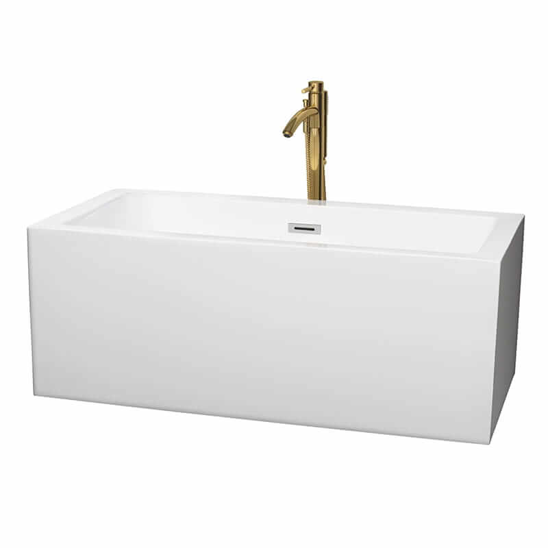 Melody 60" Freestanding Acrylic White Bathtub With Polished Chrome Trim and Brushed Gold Faucet Top Front View