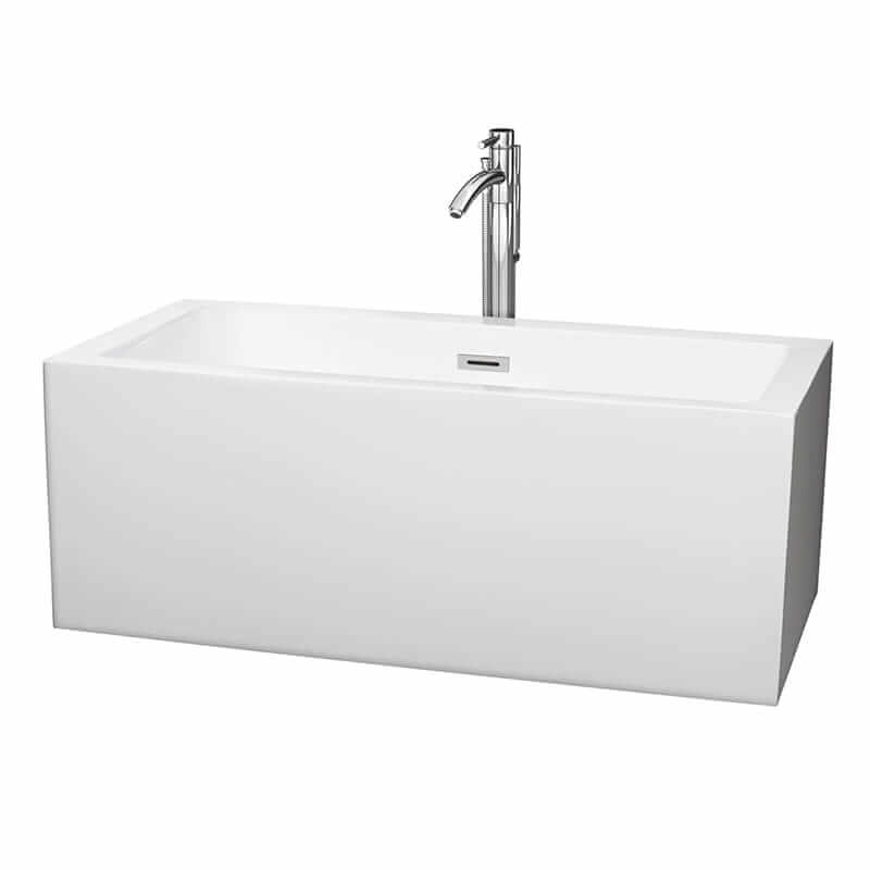 Melody 60" Freestanding Acrylic White Bathtub With Polished Chrome Trim Top Front View