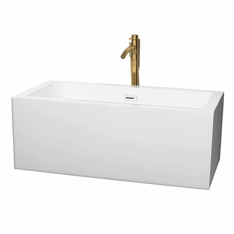 Melody 60" Freestanding Acrylic White Bathtub With Shiny White Trim and Brushed Gold Faucet Top Front View