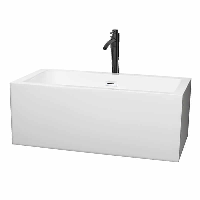 Melody 60" Freestanding Acrylic White Bathtub With Shiny White Trim and Matte Black Faucet Top Front View