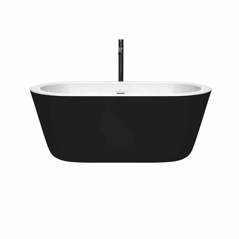 Mermaid 60" Freestanding Acrylic Black Bathtub With Shiny White Trim and Matte Black Faucet Front View