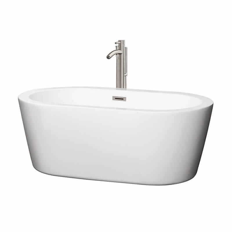 Mermaid 60" Freestanding Acrylic White Bathtub With Brushed Nickel Trim Top Front View