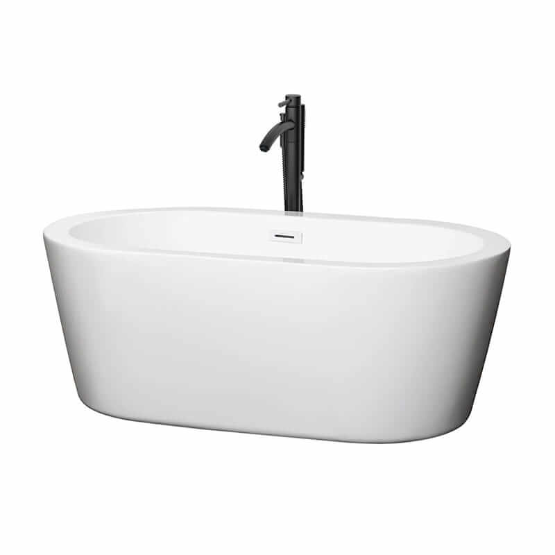 Mermaid 60" Freestanding Acrylic White Bathtub With Shiny White Trim and Matte Black Faucet Top Front View
