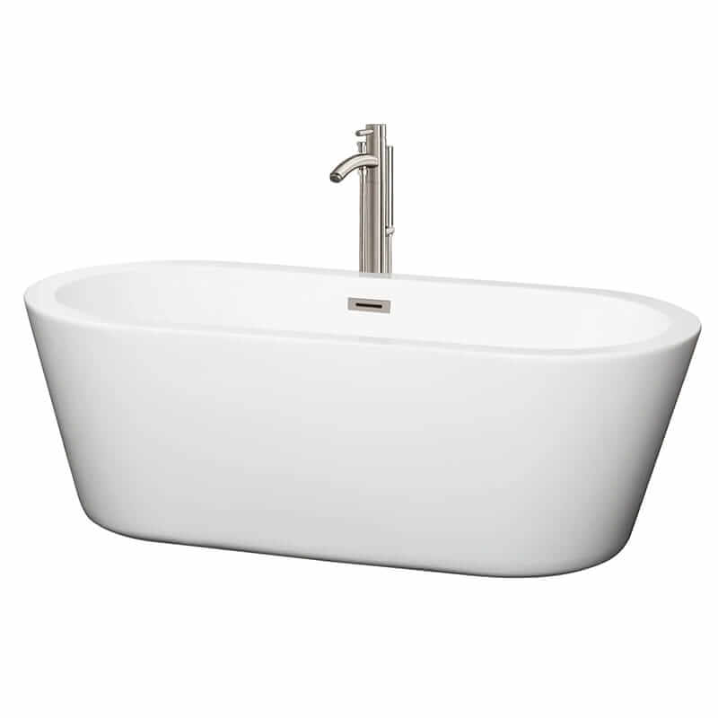 Mermaid 67" Freestanding Acrylic White Bathtub With Brushed Nickel Trim Top Front View
