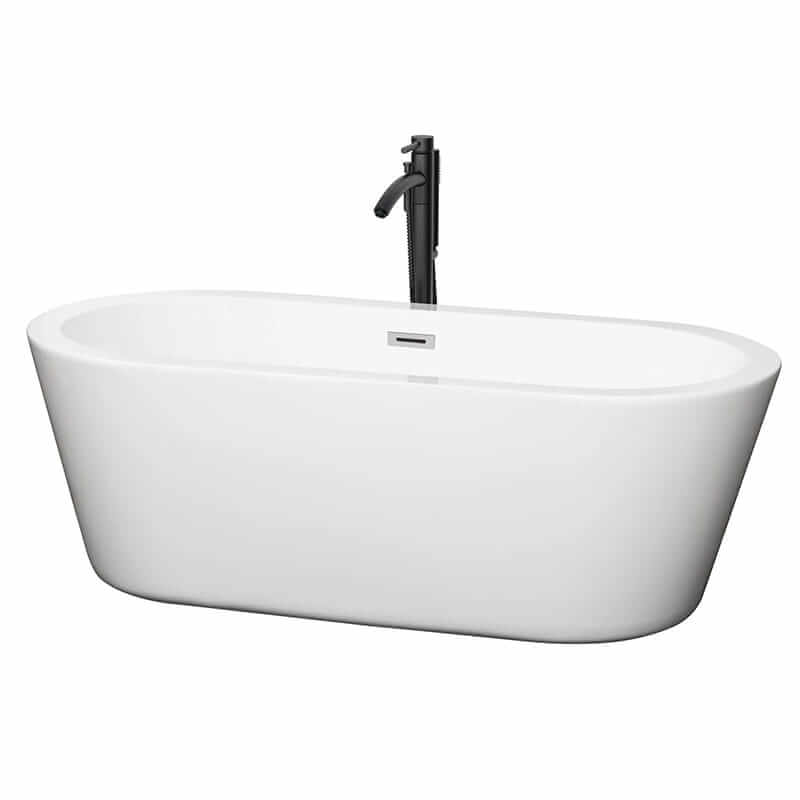 Mermaid 67" Freestanding Acrylic White Bathtub With Polished Chrome Trim and Matte Black Faucet Top Front View