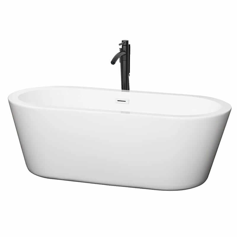 Mermaid 67" Freestanding Acrylic White Bathtub With Shiny White Trim and Matte Black Faucet Top Front View