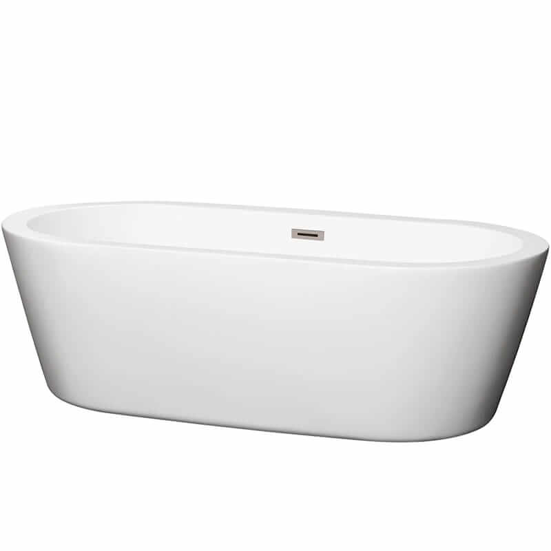 Mermaid 71" Freestanding Acrylic White Bathtub With Brushed Nickel Trim No Faucet Top Front View