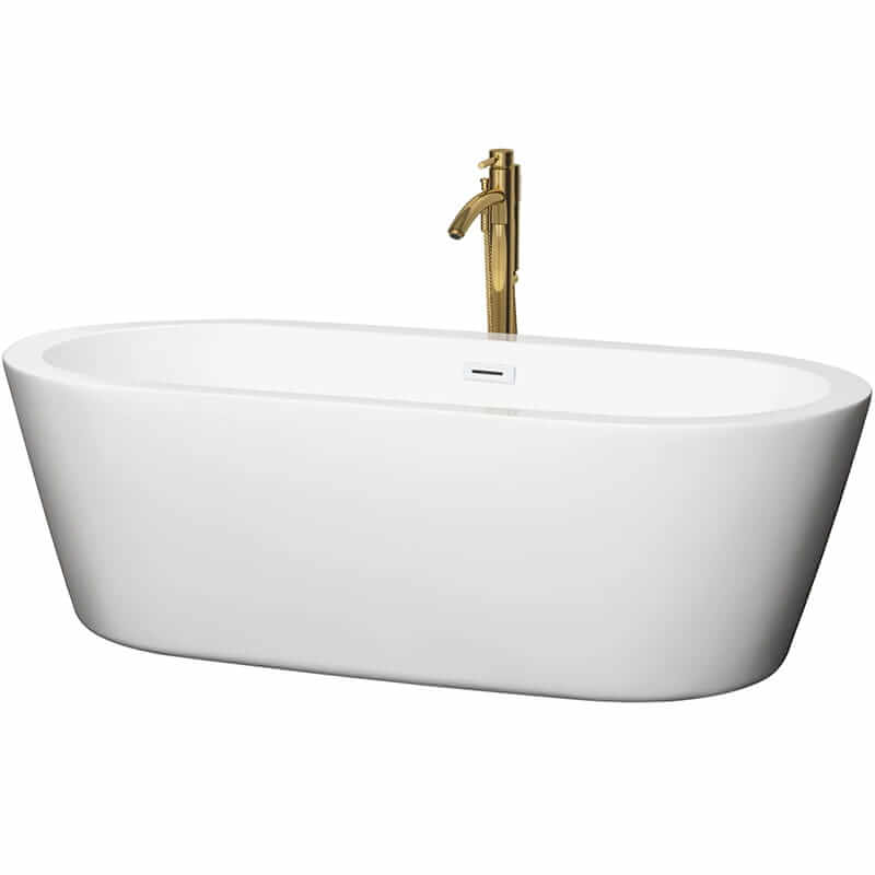 Mermaid 71" Freestanding Acrylic White Bathtub With Shiny White Trim and Brushed Gold Faucet Top Front View
