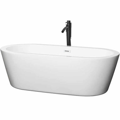 Mermaid 71" Freestanding Acrylic White Bathtub With Shiny White Trim and Matte Black Faucet Top Front View