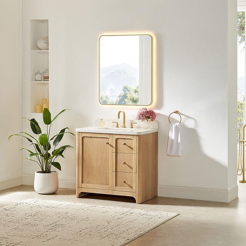 Milner 36 inch Single Bathroom Vanity with Top Brushed Oak Corner View