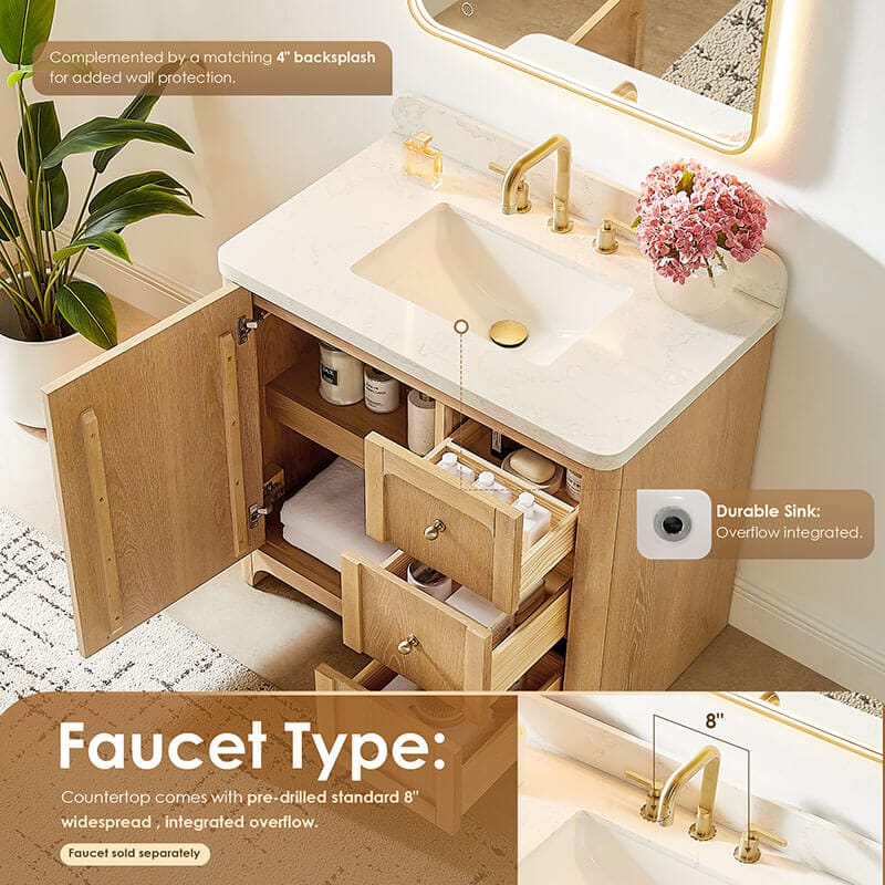 Milner 36 Single Bathroom Vanity with Top Brushed Oak Top View Countertop