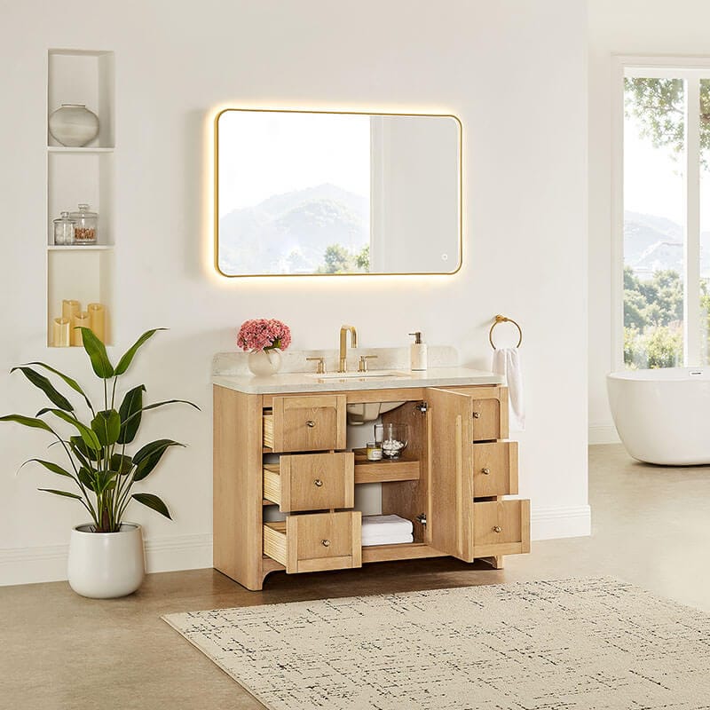 Milner 48 inch Single Bathroom Vanity with Top Brushed Oak Open Drawer