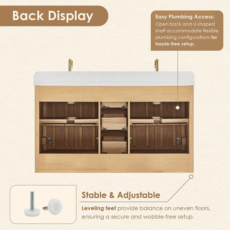 Milner 60 Double Bathroom Vanity with Top Brushed Oak Back View
