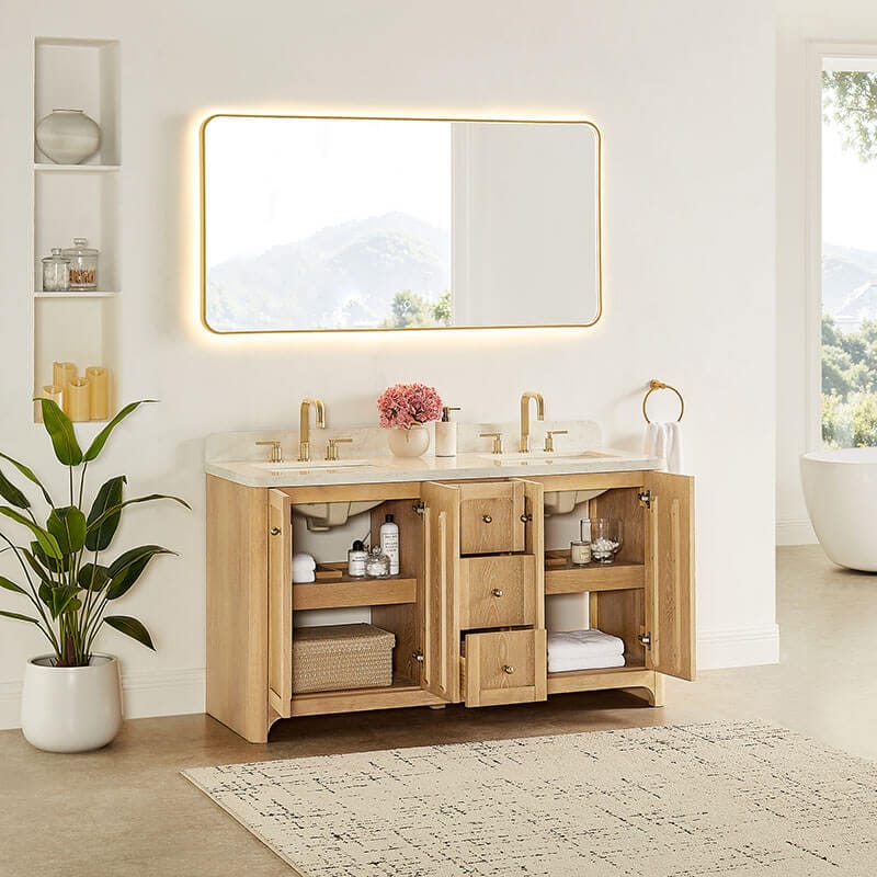 Milner 60 Double Bathroom Vanity with Top Brushed Oak Open Drawer