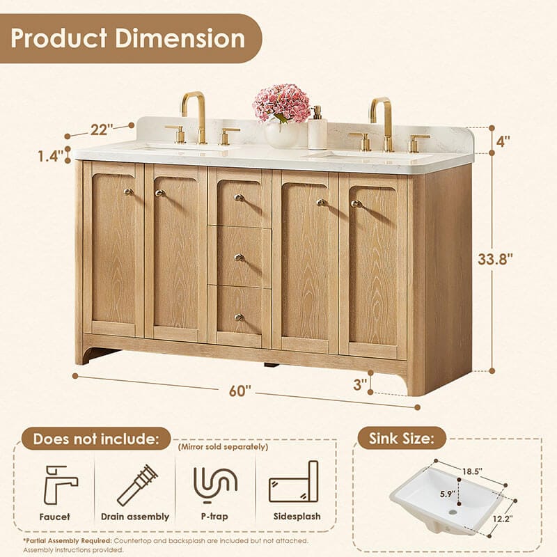Milner 60 inch Double Bathroom Vanity with Top Brushed Oak Dimension