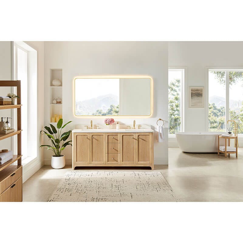 Milner 72 Double Bathroom Vanity with Top Brushed Oak Front View