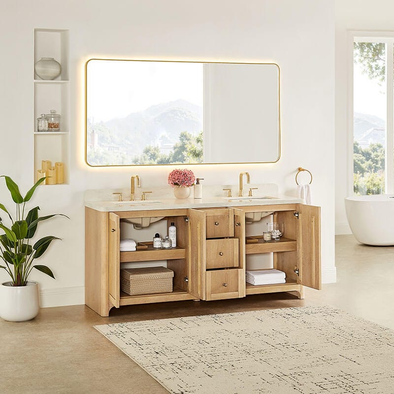 Milner 72 Double Bathroom Vanity with Top Brushed Oak Open Drawer