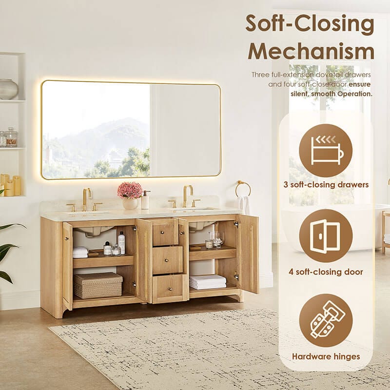 Milner 72 Double Bathroom Vanity with Top Brushed Oak Soft Close Drawer