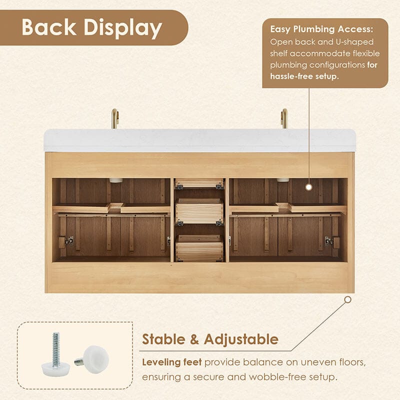 Milner 72 inch Double Bathroom Vanity with Top Brushed Oak Back View