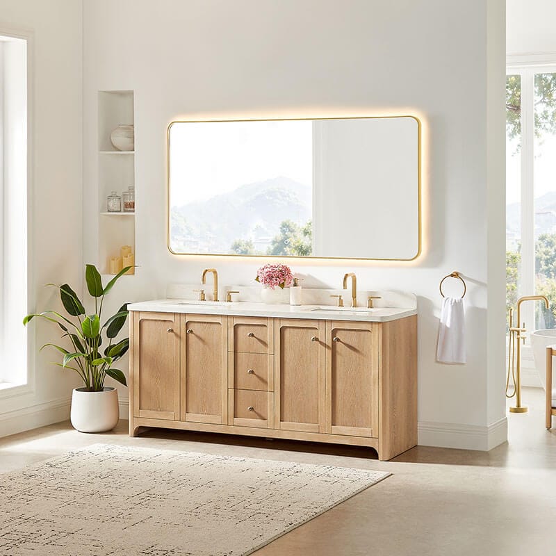 Milner 72 inch Double Bathroom Vanity with Top Brushed Oak Corner View