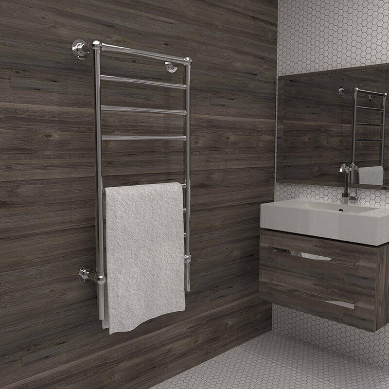 Model T-2040 8 Bar Hardwired Towel Warmer Polished Nickel Corner View Dark Bathroom Wall