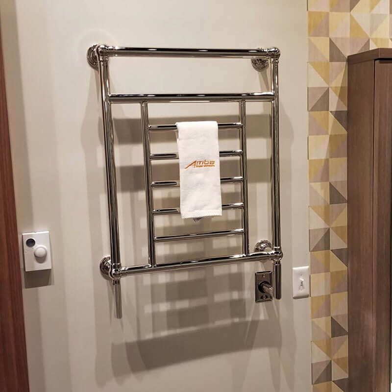 Model T-2536 8 Bar Hardwired Towel Warmer Polished Nickel Corner View Bathroom Set Up