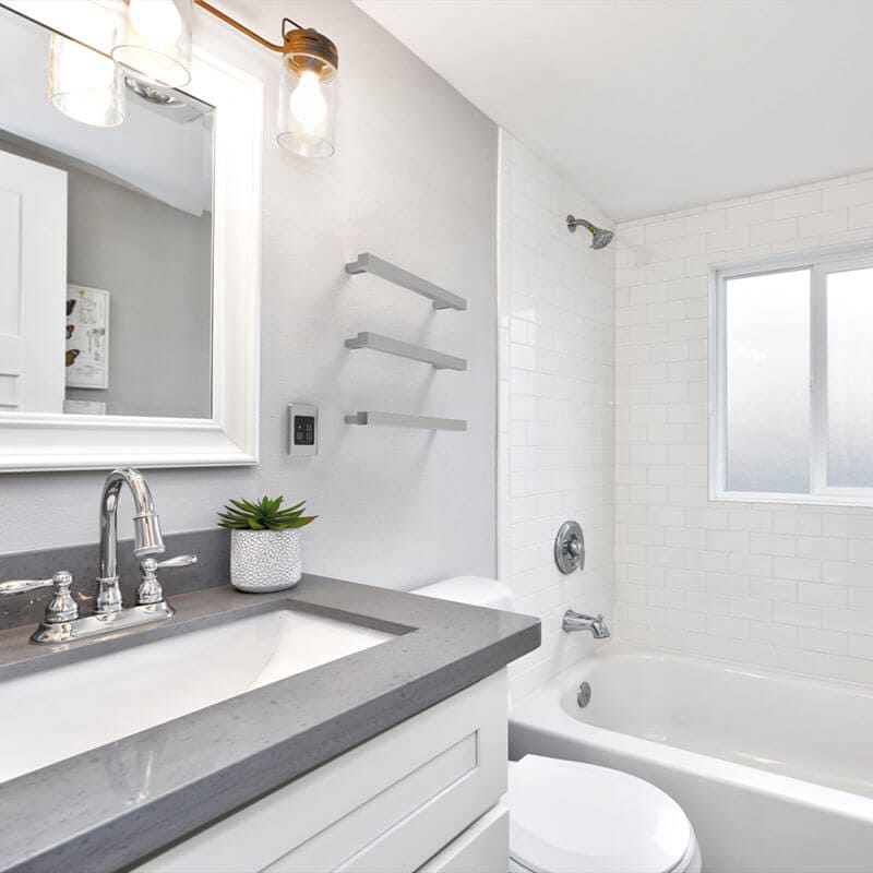 Modello I Square 40 Inch Hardwired Single Bar Brushed Stainless Side View Bathroom Set Up