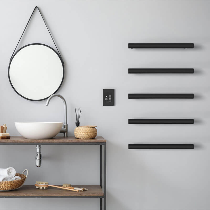 Modello I Round 20 Hardwired Single Bar Matte Black Front View Bathroom Set Up